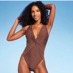 Women's Twist-Front Plunge One Piece Swimsuit - Shade & Shore ™ Brown